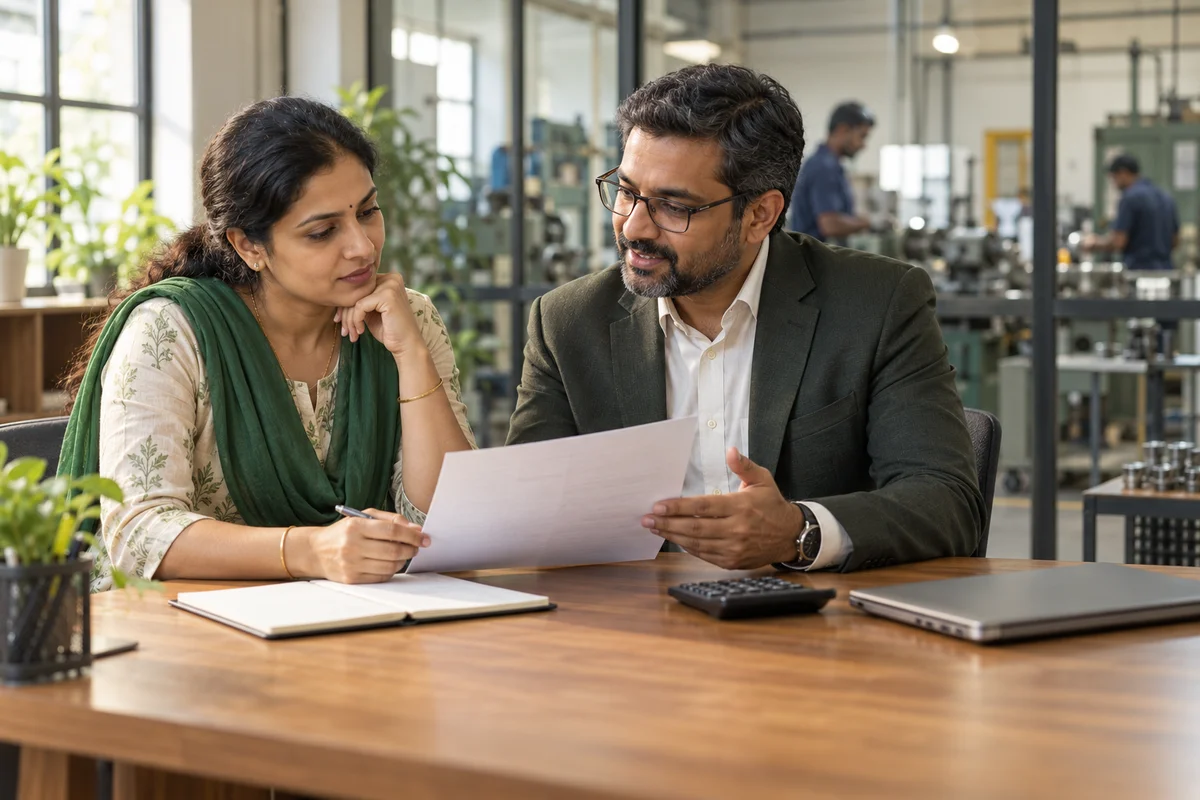 Illustrative business owner and adviser reviewing financing requirements at a workshop