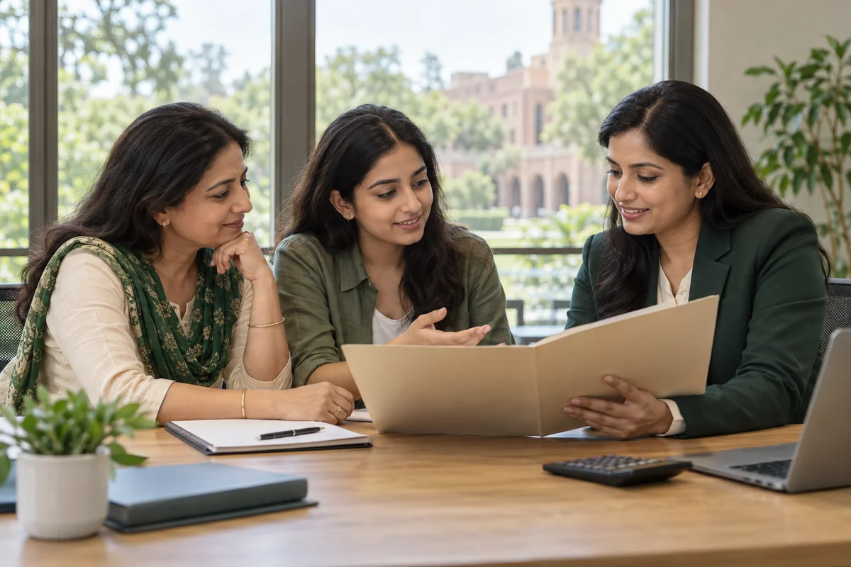Illustrative mother and student discussing education planning with an adviser