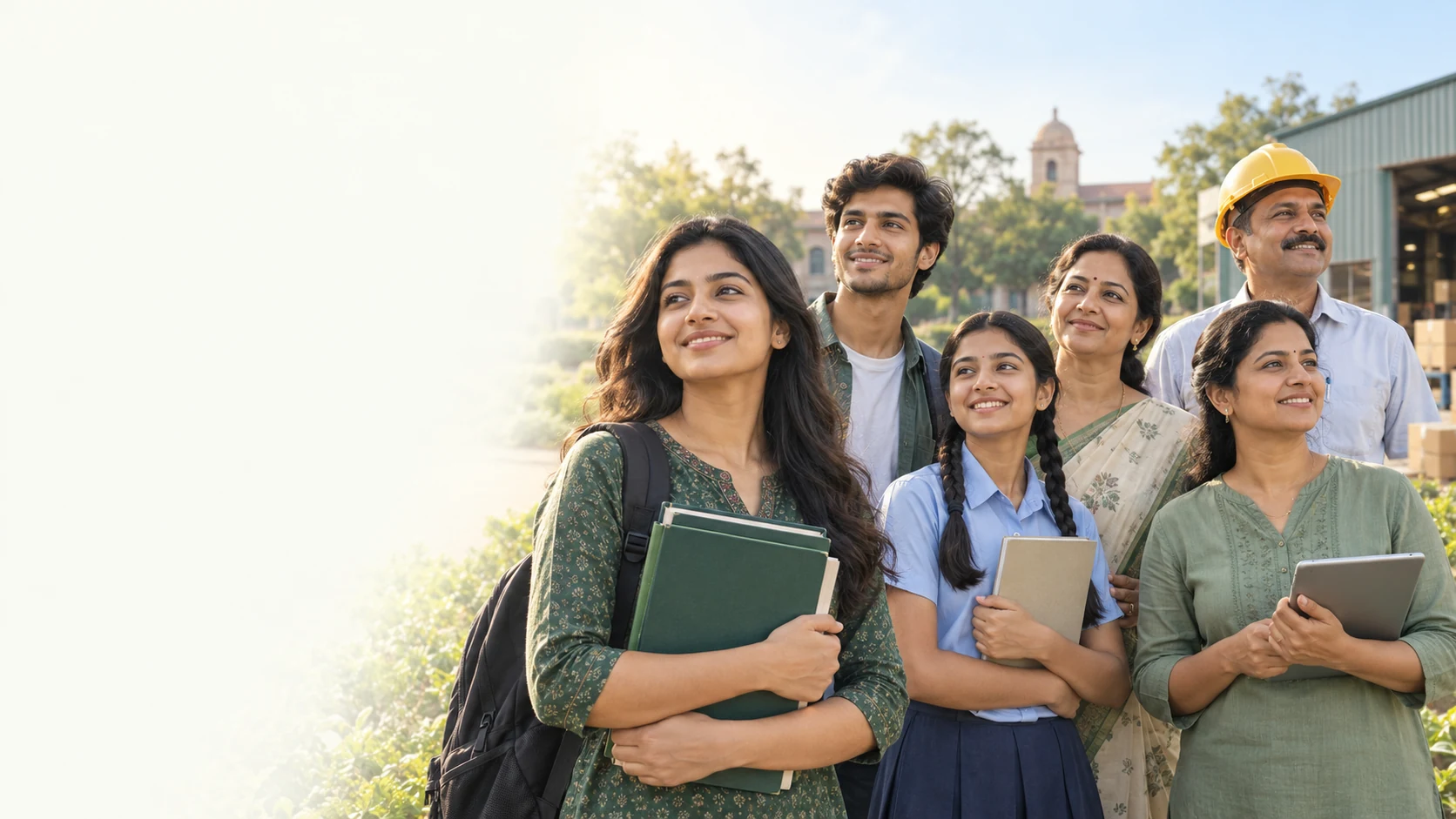 Illustrative group of Indian school and college students, a mother, a woman entrepreneur and a manufacturing business owner, with a campus and local industry in the background