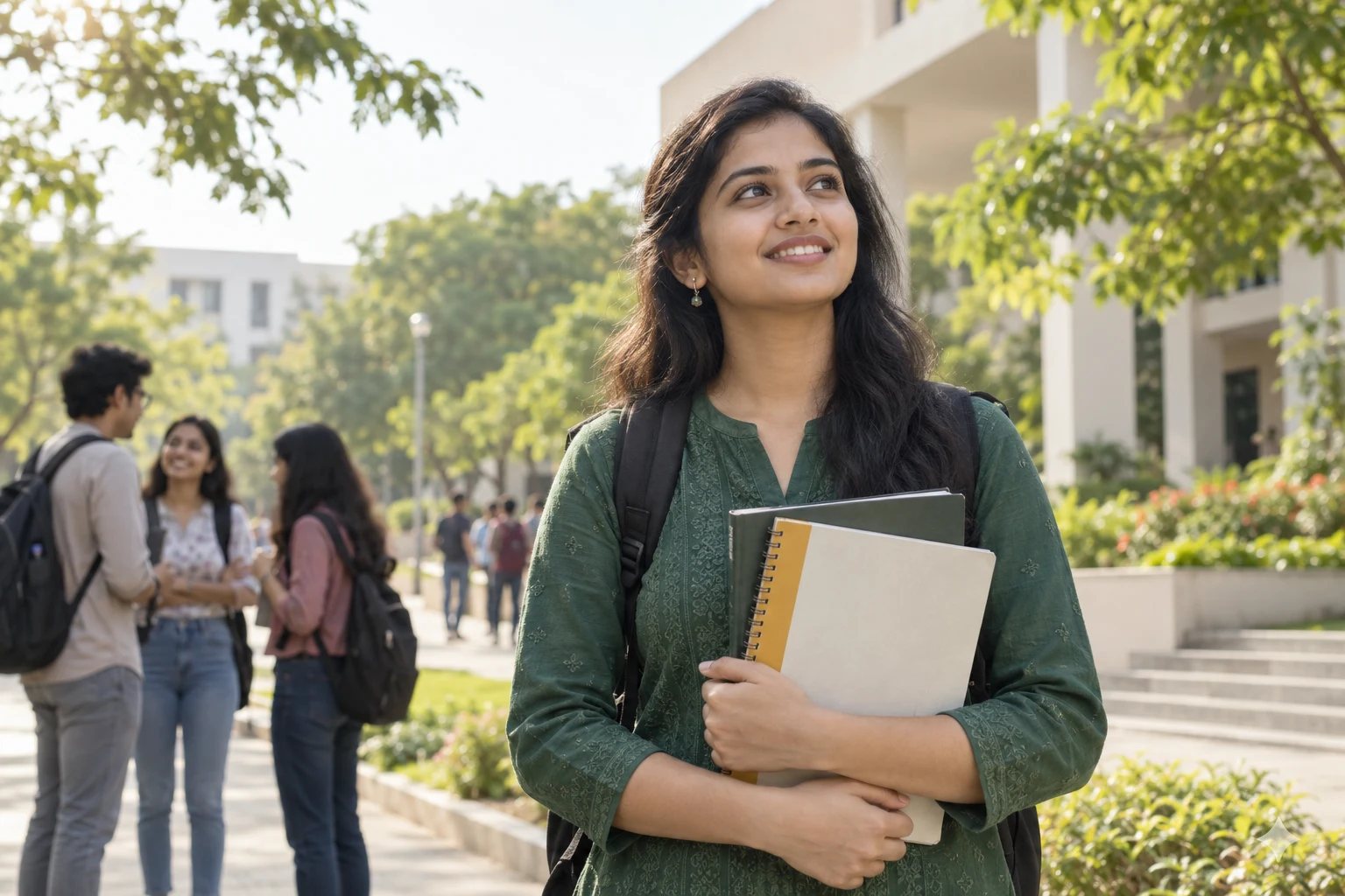 Illustrative photograph of an Indian college student holding notebooks on campus