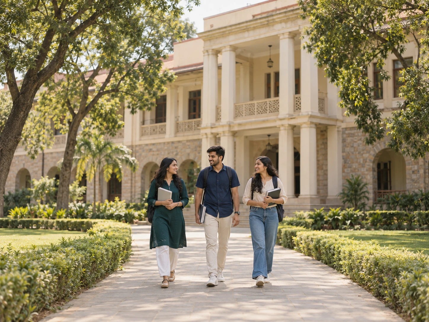 Illustrative Indian college campus with three students walking past a sandstone academic building