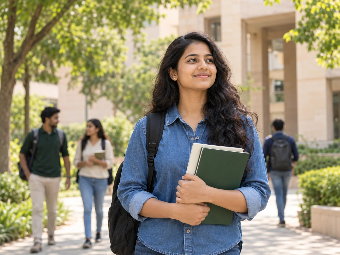 Illustrative photograph of an Indian student in a denim shirt holding notebooks on a leafy university campus
