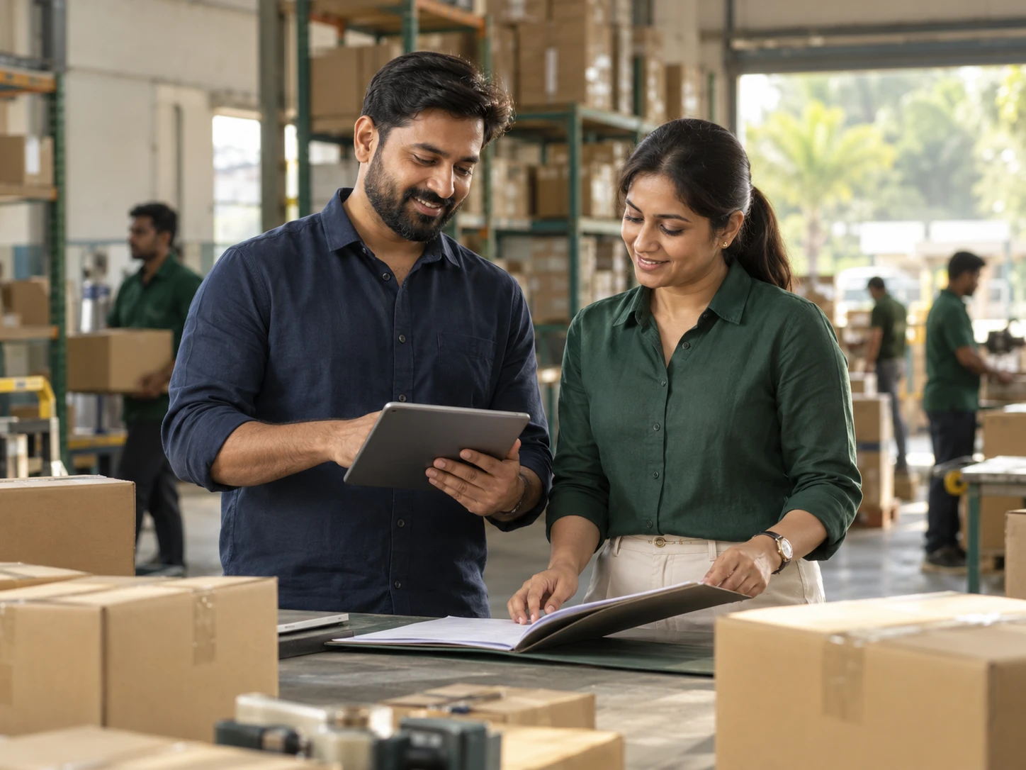 Illustrative photograph of an Indian supplier and corporate representative reviewing an order together in a warehouse