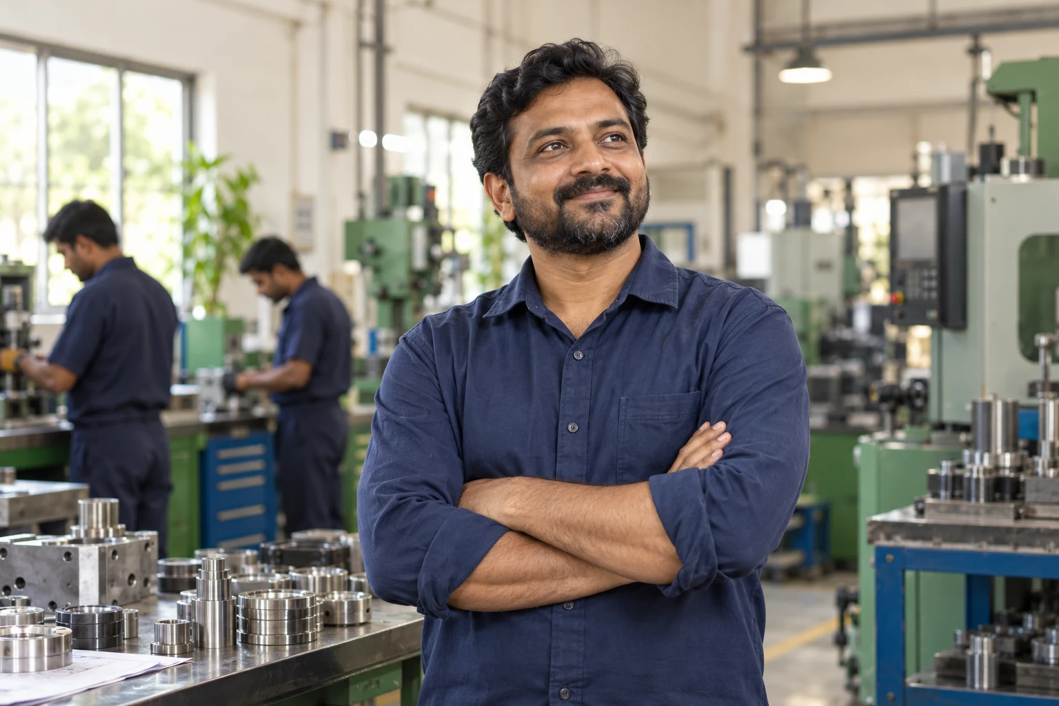 Illustrative photograph of an Indian MSME owner in a precision engineering workshop