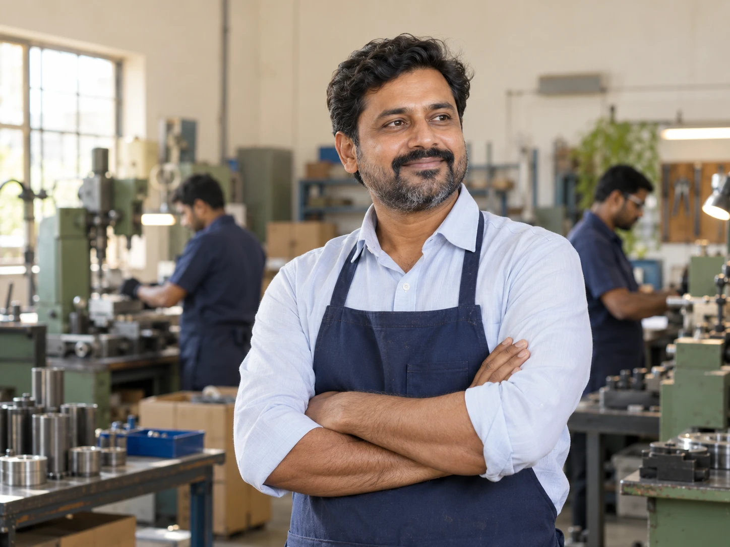 Illustrative photograph of an Indian manufacturing business owner in a navy apron standing in his workshop